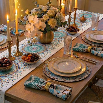 Arabesque Gift Box by Party Social: Elegant dining table with teal-gold mandala runner, brass candlesticks, gold-rimmed plates, and coordinated napkins for a festive Ramadan setting.