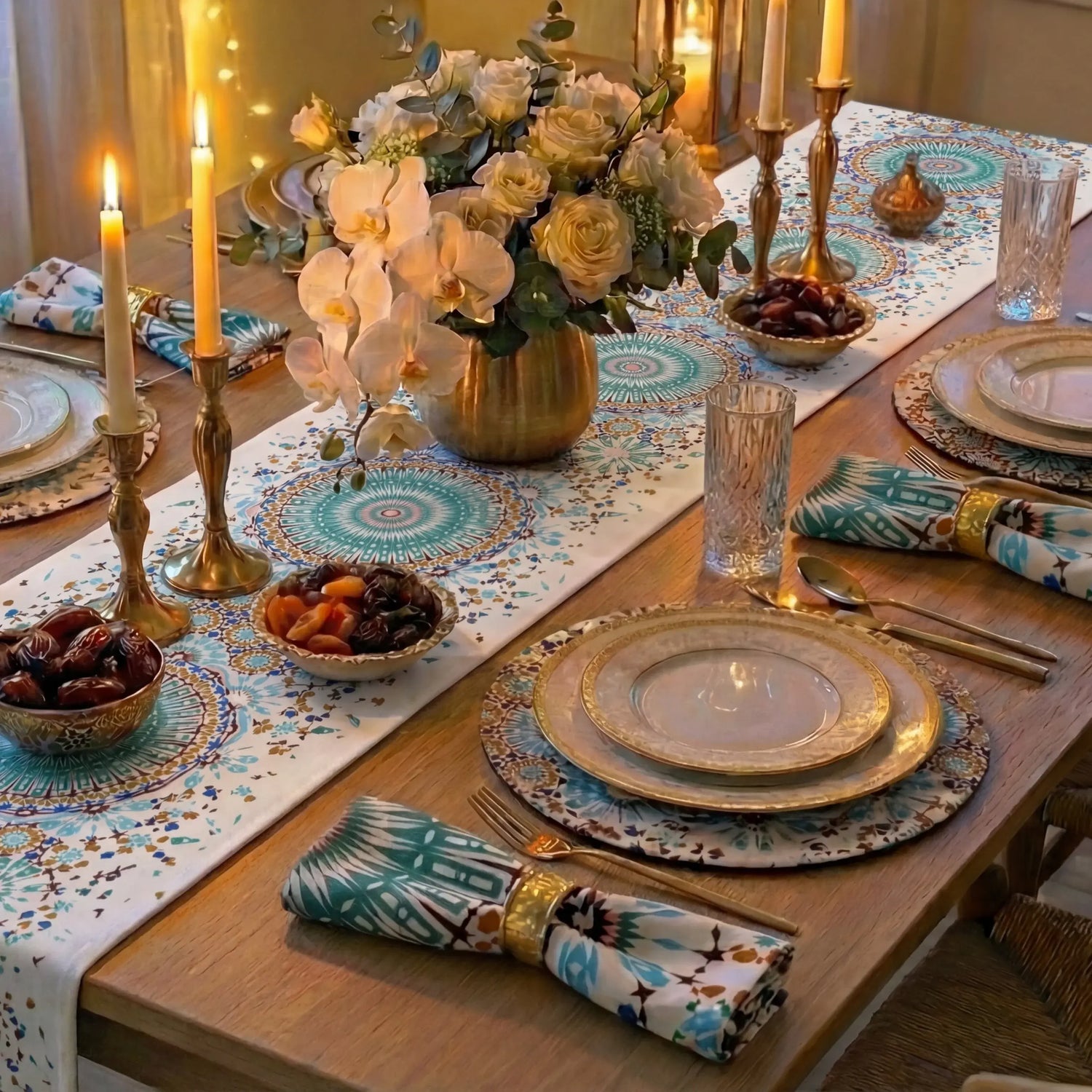 Elegant dining table with Moroccan Polyester Linen Napkin featuring a geometric pattern, paired with gold accents, floral centerpiece, and layered place settings for a refined tablescape.