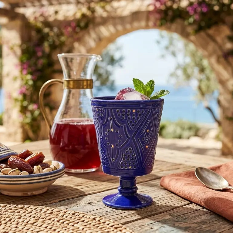 Outdoor setting with a blue cup, dates, and a pitcher on a wooden table.