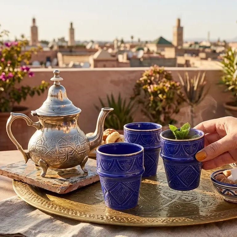 Tea set on a tray with a scenic rooftop view in the background
