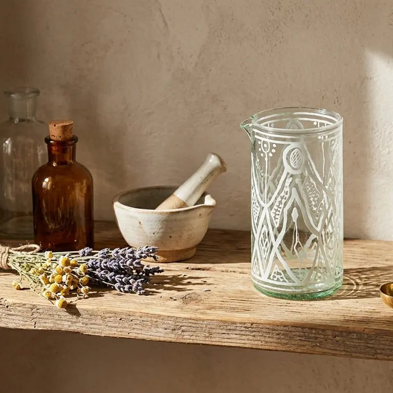 Decorative glass with engraved design on a wooden surface with books and bottles.