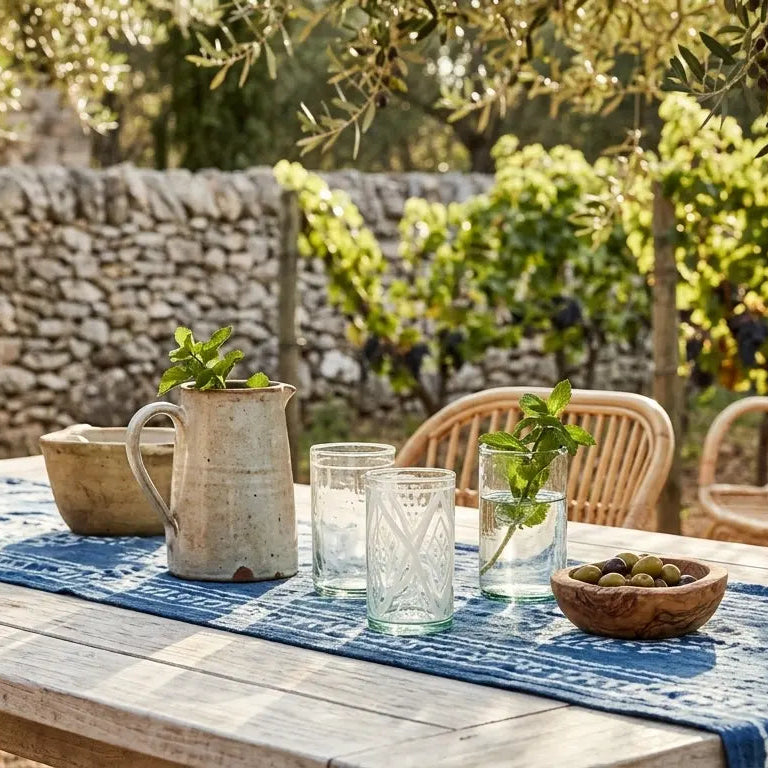 Outdoor setting with a table set for a meal, surrounded by greenery and stone wall.