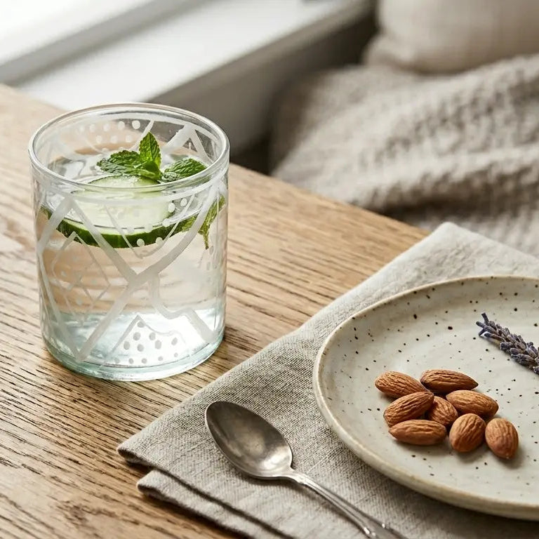 Glass of water with mint leaves, plate with almonds and lavender, and potted plant on a wooden table.