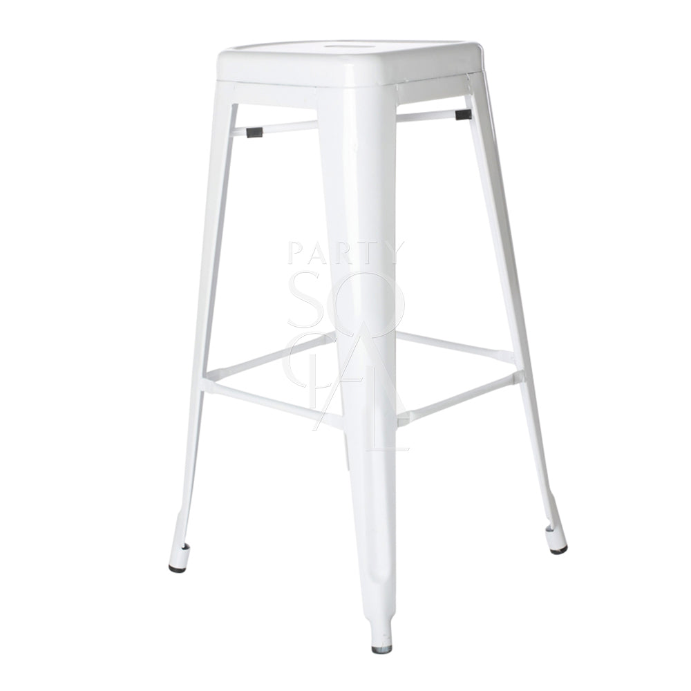 White Metal Bar Stool with sleek design, ideal for corporate events and home functions, available for rental or sale at Party Social.