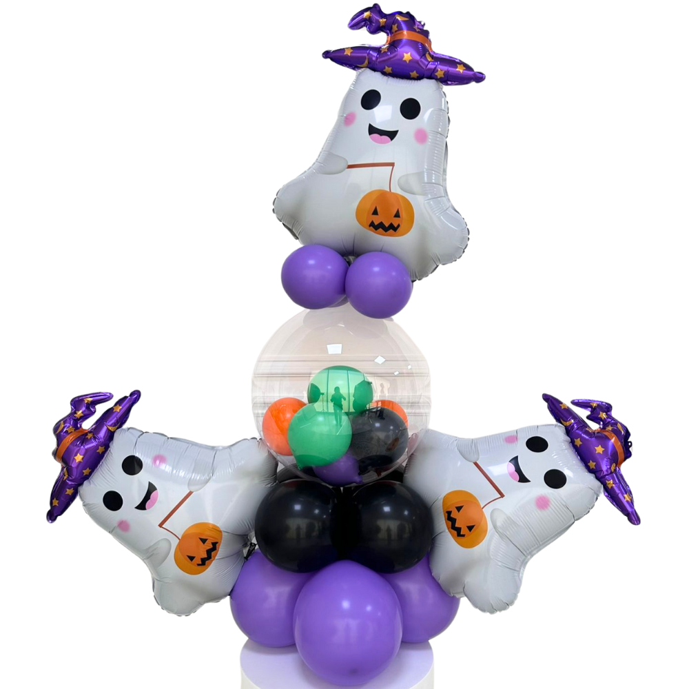 Mini Ghosts Balloon Stack featuring purple and black balloons with foil design, ideal for Halloween parties, suitable for floor-standing or table placement.