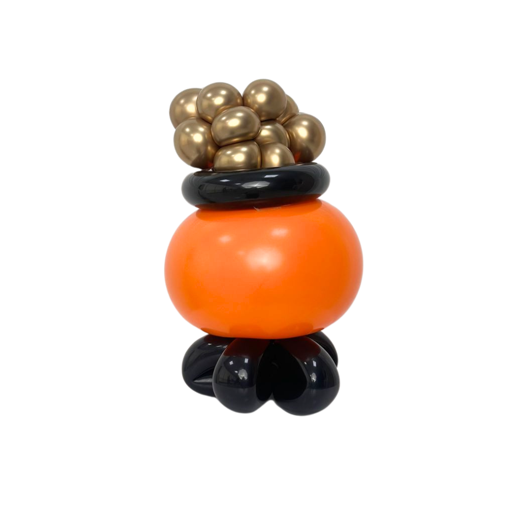 Mini Witch Pot featuring black and orange design with gold accents, perfect for adding a whimsical touch to party decor. Easy to send with matching gifts.