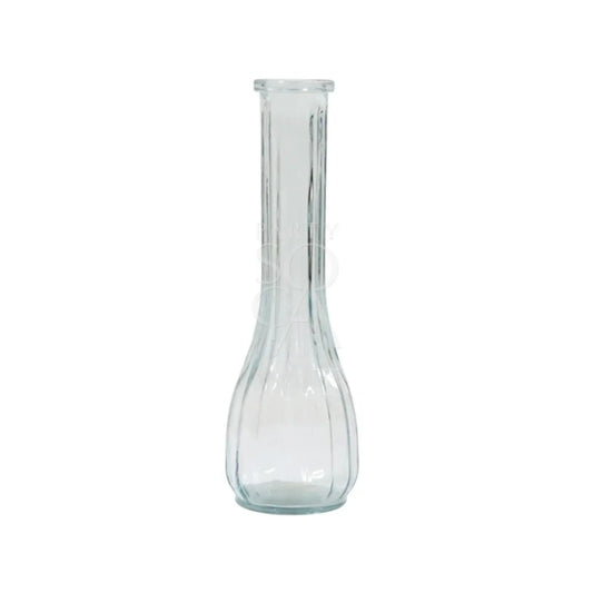 Mini clear vases on a table, showcasing various shapes ideal for floral arrangements or candles, perfect for elegant party or event decor.