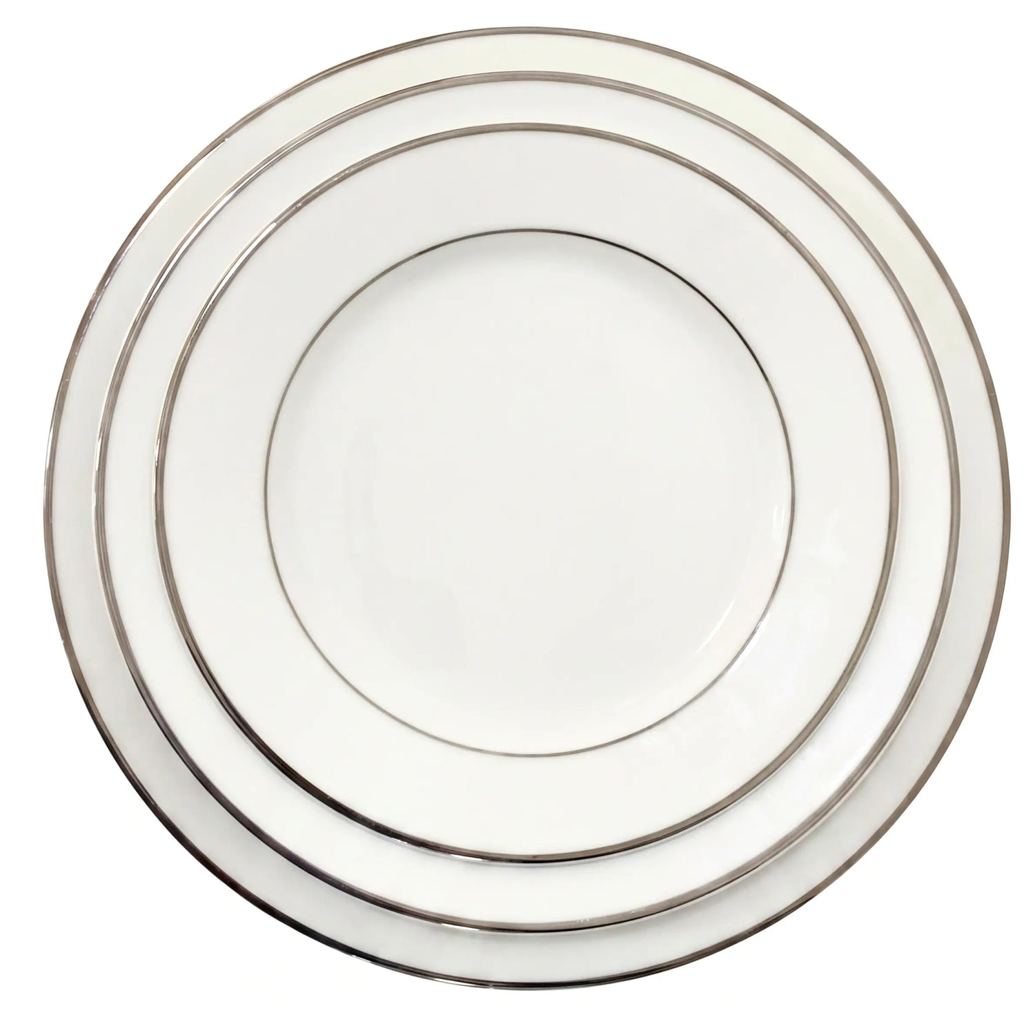 MODERN CHINA SILVER RIM PLATES, stacked set featuring delicate silver trim, ideal for premium events. Available in dinner, soup, and dessert sizes.