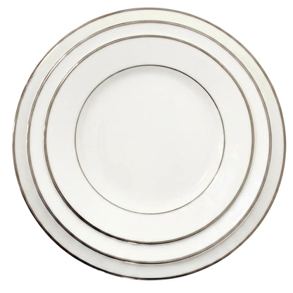 MODERN CHINA SILVER RIM PLATES, stacked set featuring delicate silver trim, ideal for premium events. Available in dinner, soup, and dessert sizes.