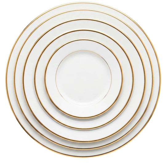 MODERN CHINA W/ GOLD RIM PLATES: Set of six white porcelain plates with gold-gilt rim, elegantly arranged for premium events, offering various sizes from 30cm to 14.5cm diameter.