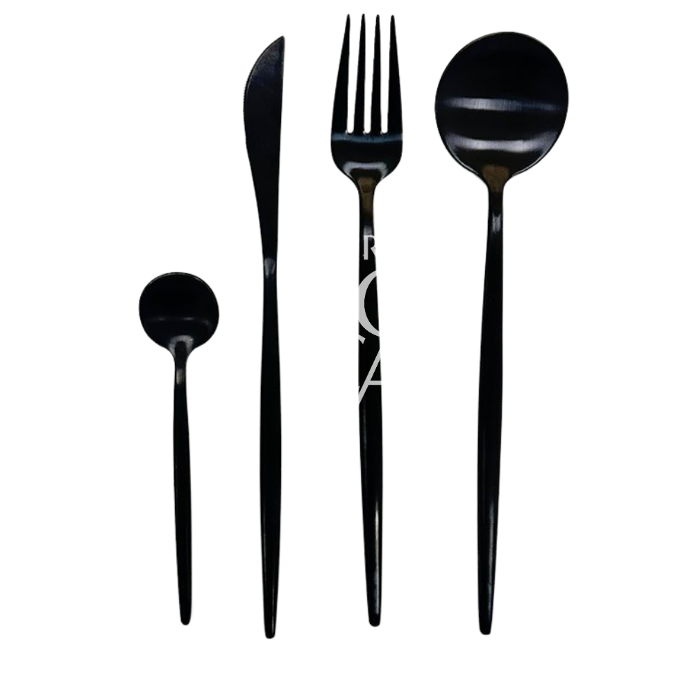 CUTLERY MODERN BLACK: A sleek black fork, spoon, and knife set, perfect for adding an elegant touch to your dining experience at any event.