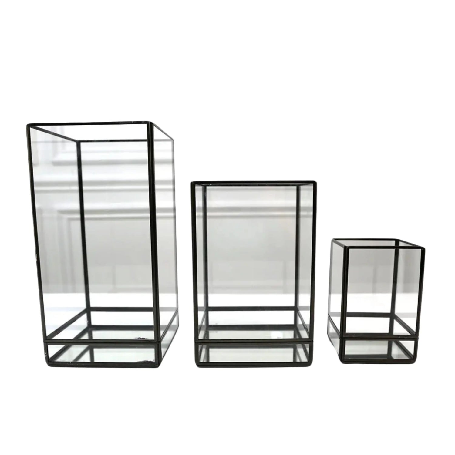 Modern Black Edge Lanterns featuring glass construction and black framing, ideal for holding flowers or candles to enhance party or event table settings.