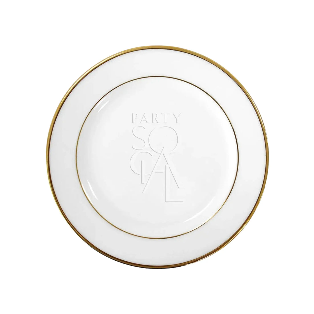 MODERN CHINA W/ GOLD RIM PLATES: White ceramic dinner plate with dual gold bands and PARTY SO CAL embossed at center, ideal for premium events.