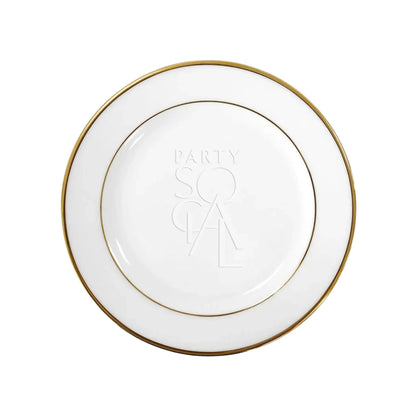 MODERN CHINA W/ GOLD RIM PLATES: White ceramic dinner plate with dual gold bands and PARTY SO CAL embossed at center, ideal for premium events.
