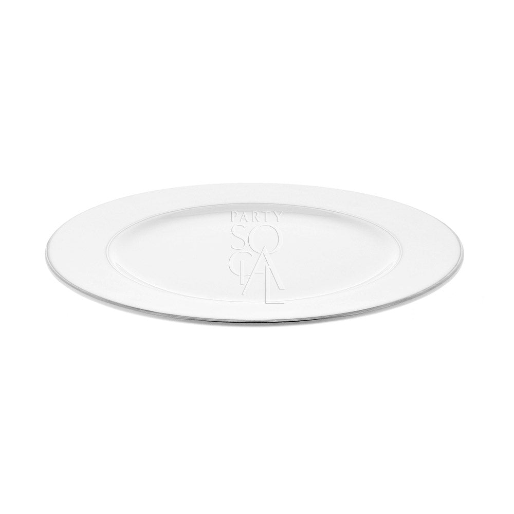 MODERN CHINA SILVER RIM PLATE, featuring a sleek design with a subtle logo, ideal for premium events and functions. Available in various sizes for versatile table settings.