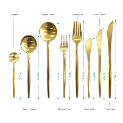 Modern Gold Cutlery set featuring a fork, spoon, and knife, perfect for adding elegance to your dining events. Available at Party Social for AED 5 each.