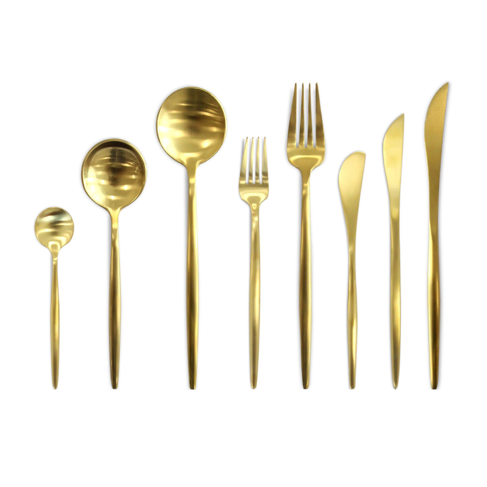 Modern gold cutlery set, featuring sleek forks and spoons, ideal for elevating dinner parties with a sophisticated touch.