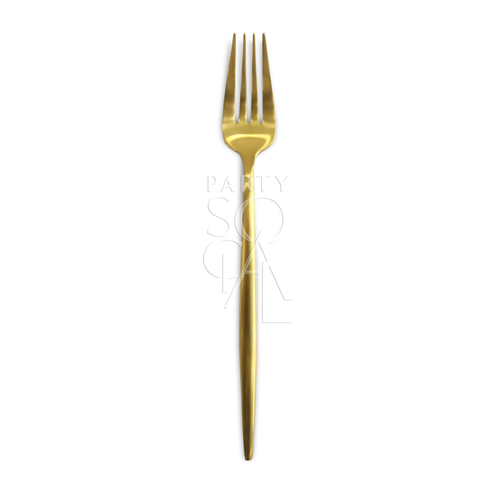 CUTLERY MODERN GOLD: A sleek gold fork, perfect for adding elegance to your dining table at any special event. Available at Party Social.