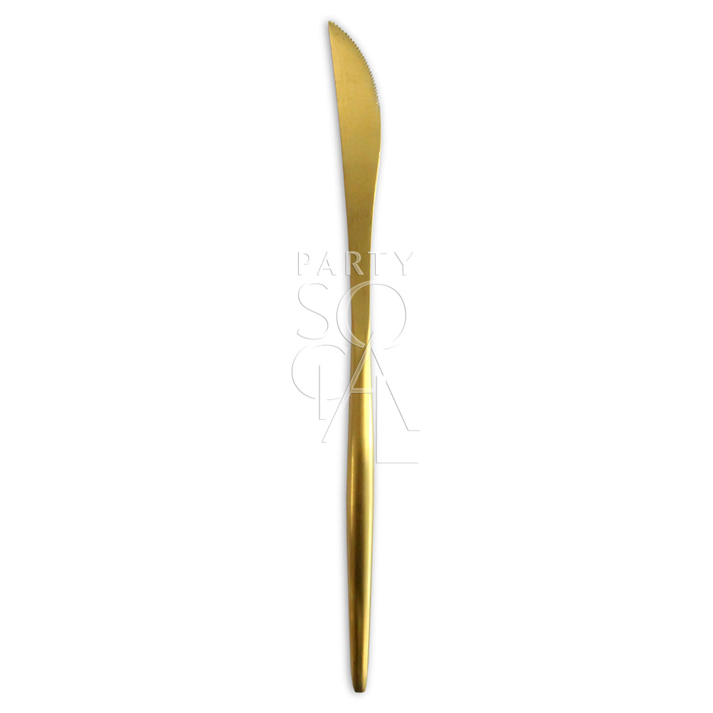 CUTLERY MODERN GOLD knife on white background, showcasing its sleek design ideal for adding elegance to table settings at parties or events.