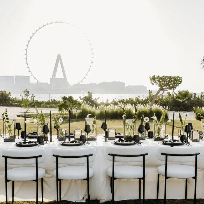 Monochrome wedding dinner set-up in Dubai
