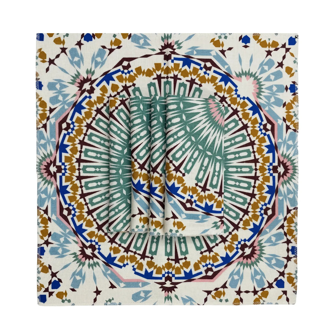 Moroccan Polyester Linen Napkin with kaleidoscopic mandala pattern, showcasing rich earthy tones, neatly folded. Ideal for stylish table settings at parties or events.