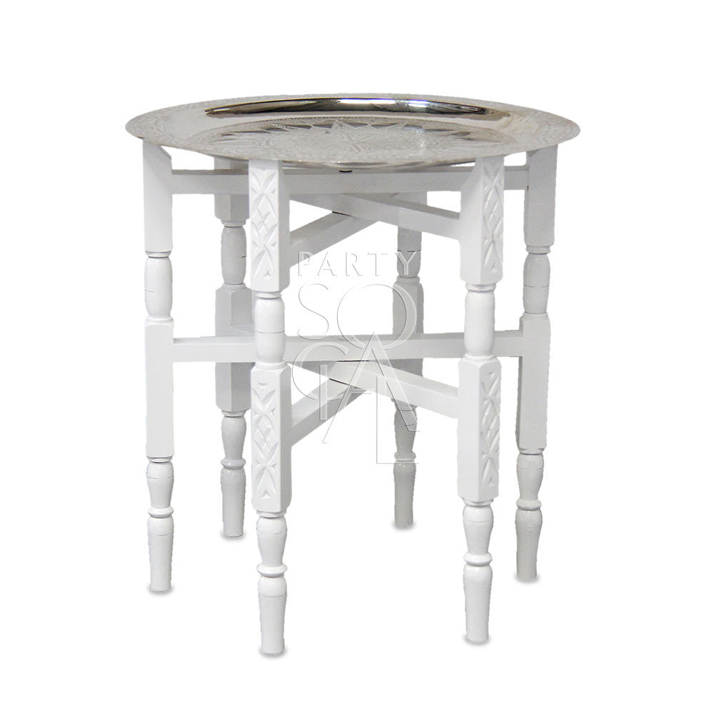 MOROCCAN FOLDING TABLE with a silver platter on top, ideal for events. Perfect for enhancing lounge areas or as a standalone piece.