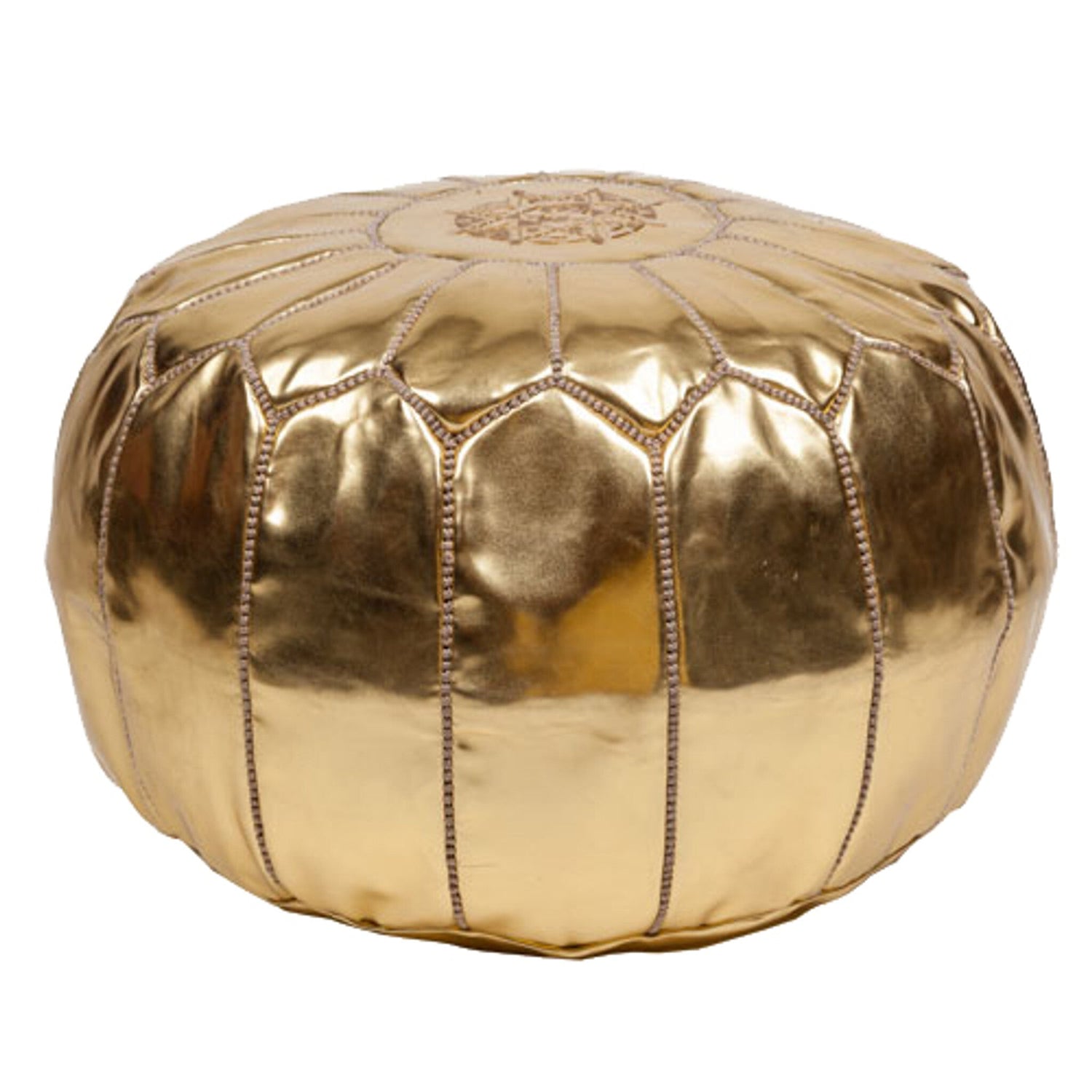 MOROCCAN LEATHER POUFS: Gold leather ottoman with intricate pattern, versatile for seating or decor, ideal for party and event settings.