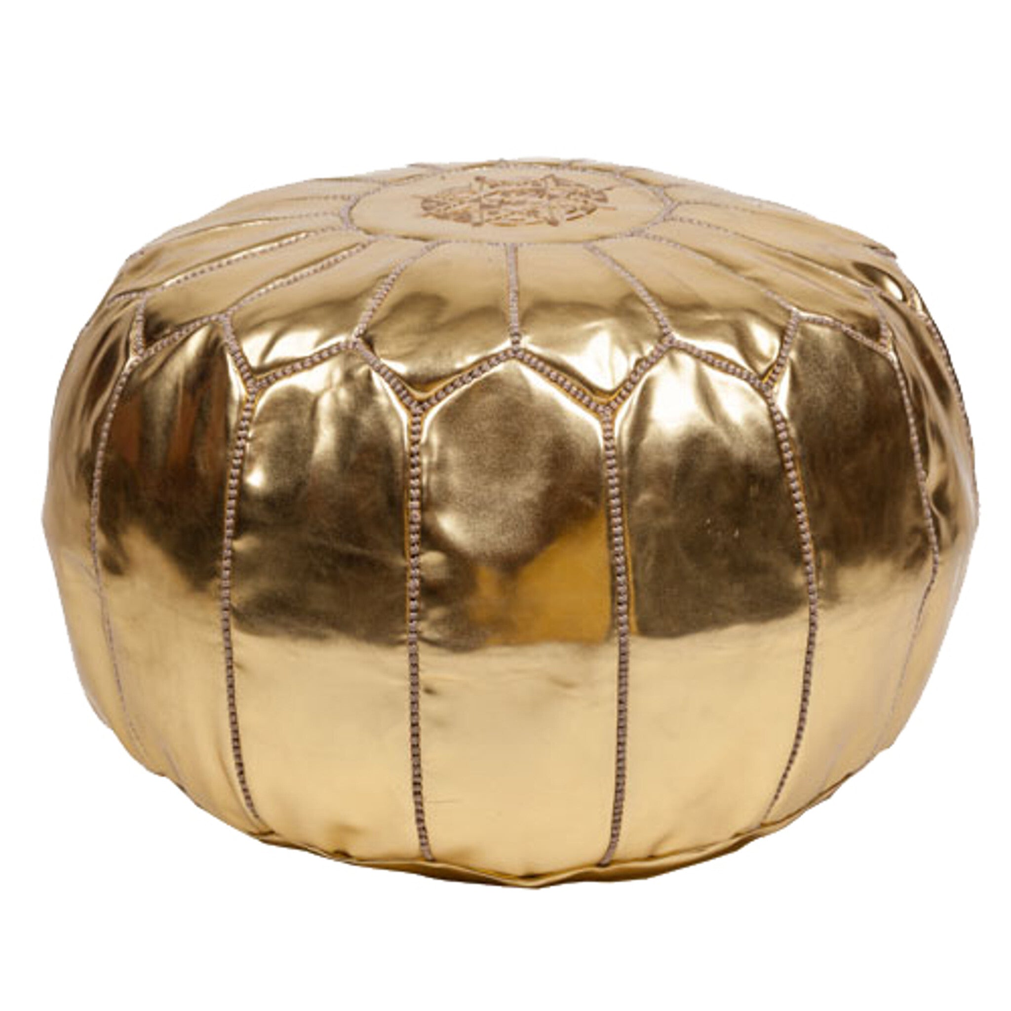 MOROCCAN LEATHER POUFS: Gold leather ottoman with intricate pattern, versatile for seating or decor, ideal for party and event settings.