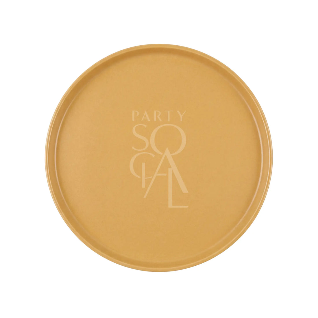 Mustard Ceramic Matte Plate with PARTY SO CAL. text, ideal for modern dining, offered by Party Social for event settings.