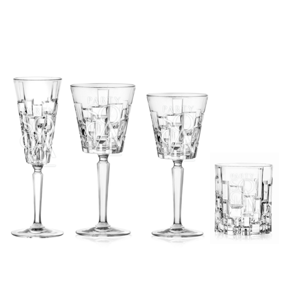 Crystal Mykonos glasses set, perfect for enhancing events with elegant crystal drinkware, ideal for upscale dining and party settings.