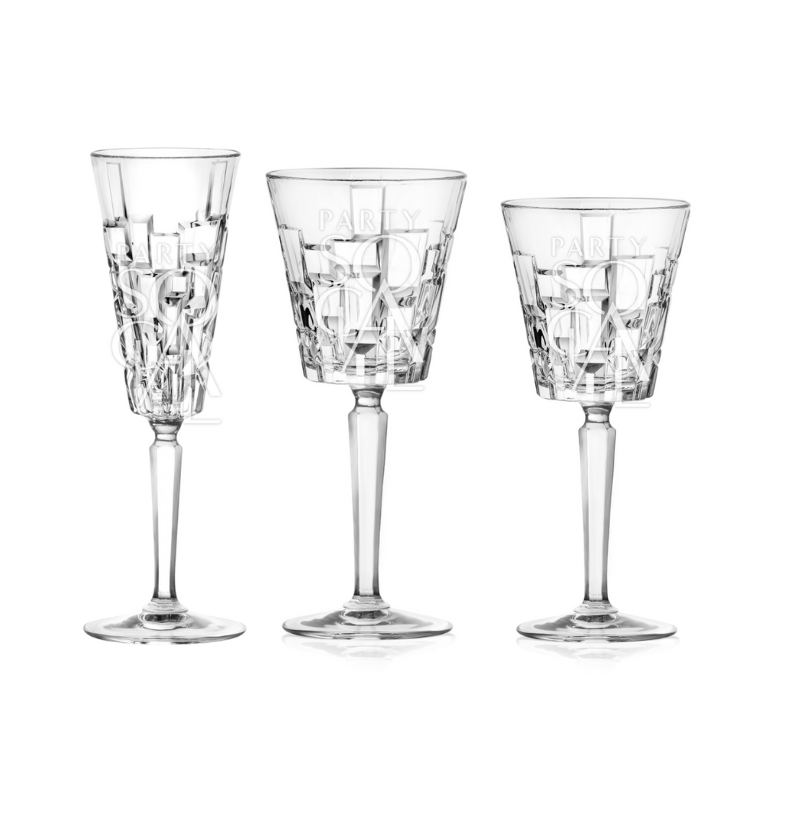 CRYSTAL MYKONOS GLASSES elegantly arranged, showcasing their refined design, ideal for enhancing upscale events and dinner parties.