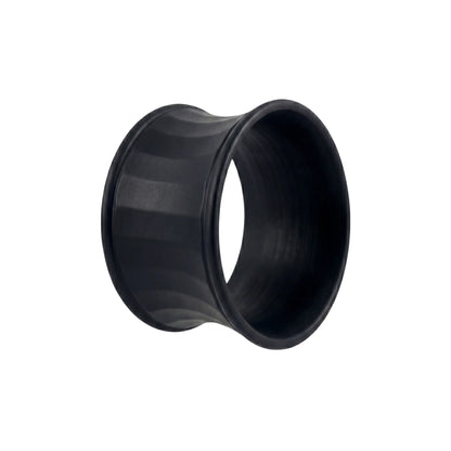 NAPKIN RING- BLACK LINED: A cylindrical, flexible napkin ring with a slight waist, ideal for enhancing elegant tablescapes at events or special occasions.
