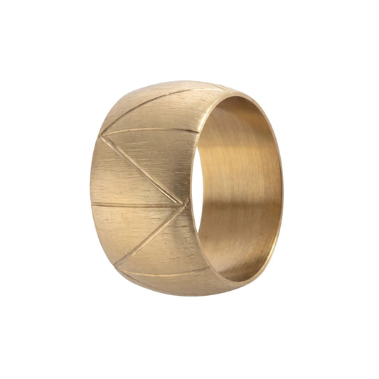 NAPKIN RING- BRASS TEXTURED DOME: Decorative brass napkin-ring with diagonal engravings, ideal for enhancing any tablescape at weddings or special occasions.