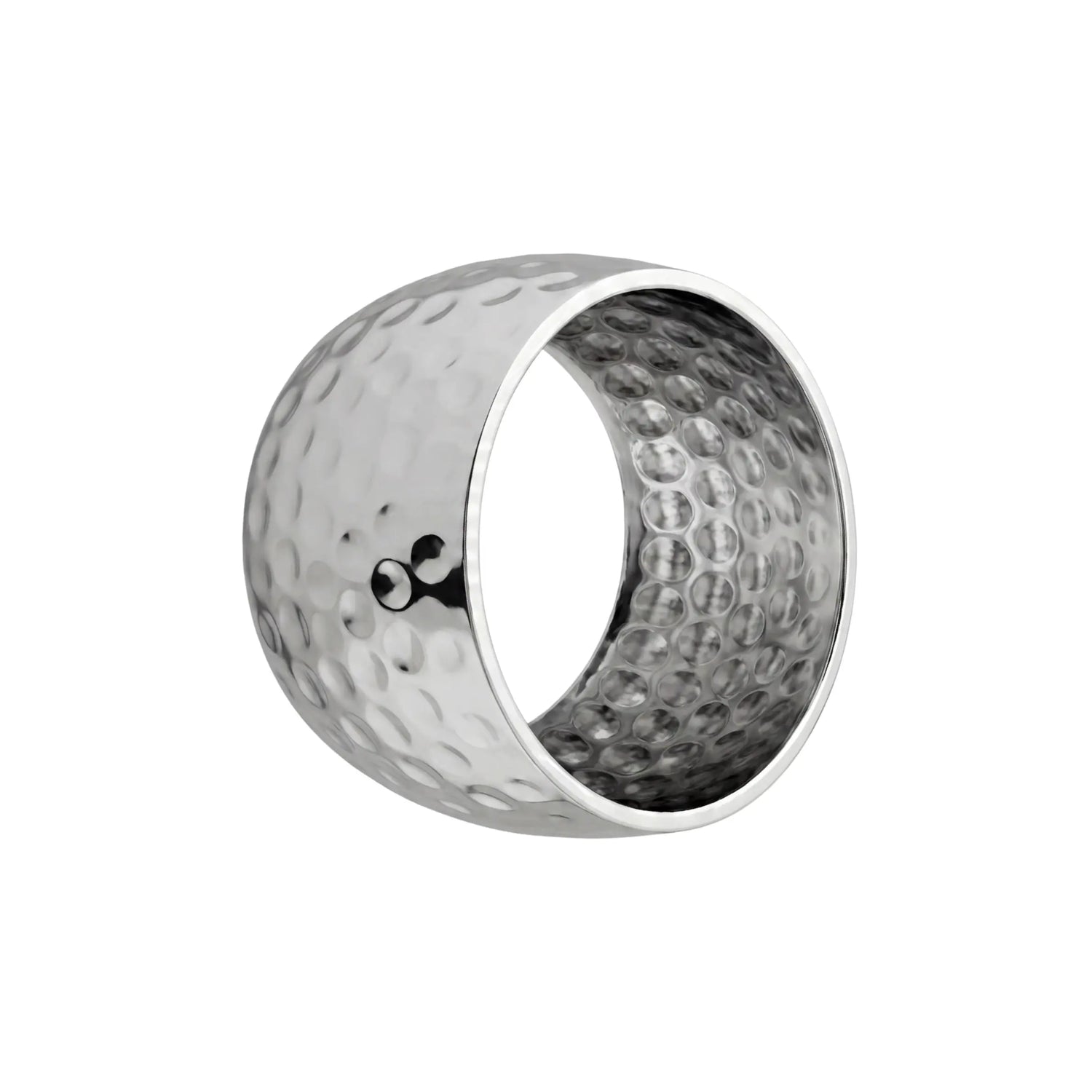 NAPKIN RING- SILVER HAMMERED DOME: A polished metal cylinder with a dimpled surface, ideal for enhancing elegant place settings at events. Dimensions: 3cm H x 4.50cm Dia.