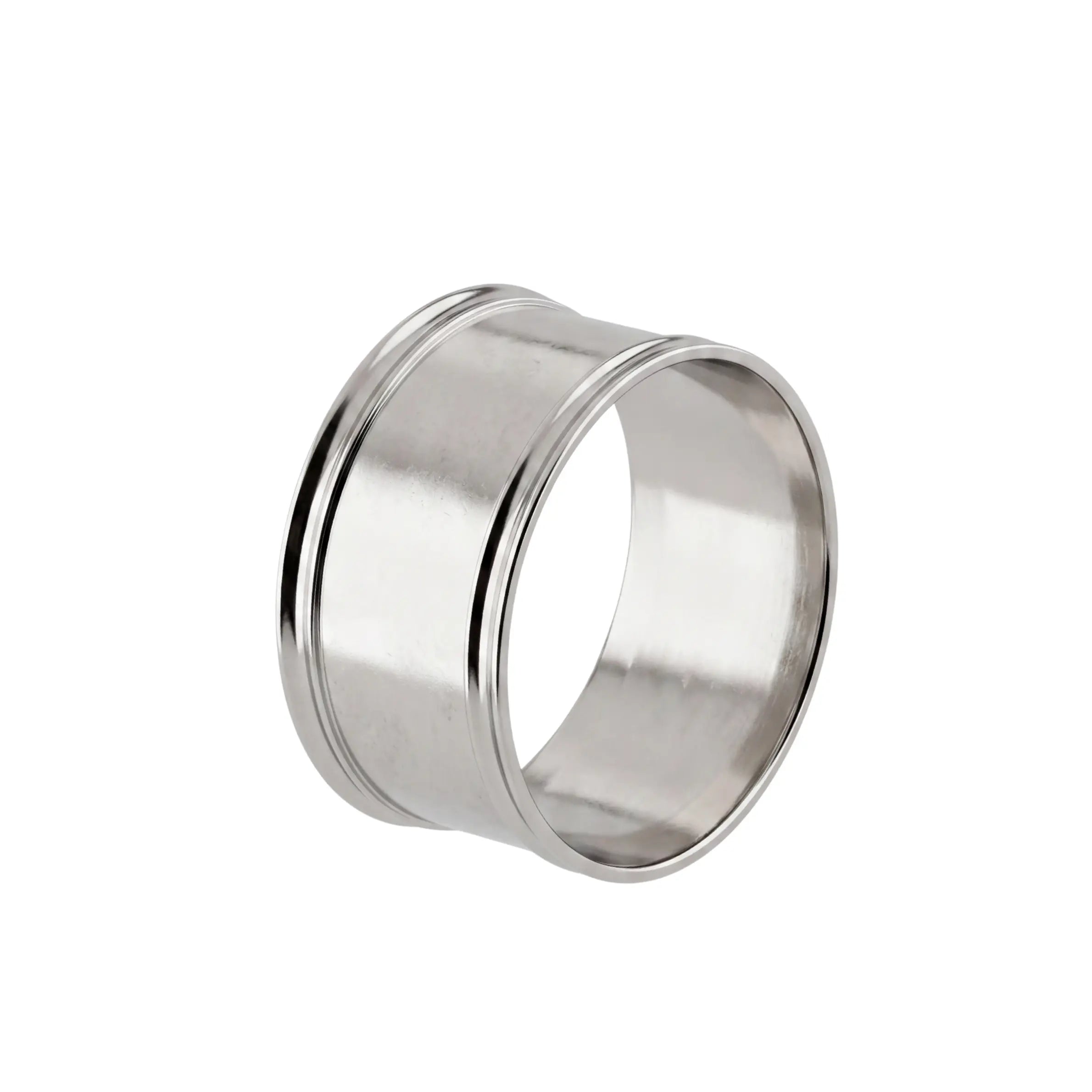 Simple round napkin ring, stainless steel, 3cm high, 4.5cm diameter, ideal for elegant tablescapes at parties and events.