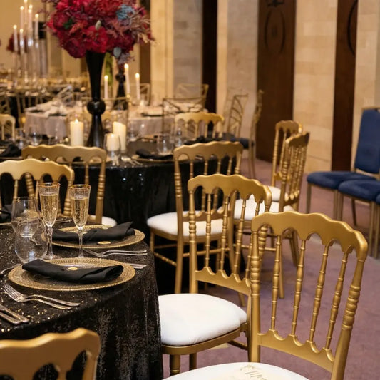 NAPOLEON GOLD CHAIR in elegant dining setup with gold charger plates, black napkins, and floral centerpieces, ideal for high-glamour events by Party Social.