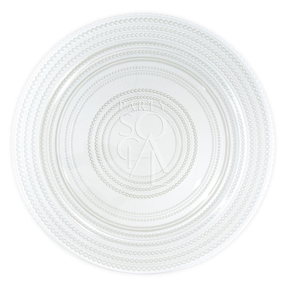 Charger Plate - Pearl, premium glass with a circular logo design, enhances any table setting. Ideal for elegant events and special occasions. Diameter: 33cm.