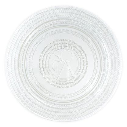 Charger Plate - Pearl, premium glass with a circular logo design, enhances any table setting. Ideal for elegant events and special occasions. Diameter: 33cm.