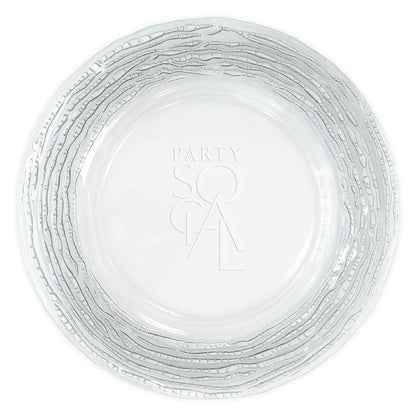 Charger Plate - Glass Silver Ruffle: A decorative glass charger with a ruffled edge, perfect for adding elegance to wedding or event table settings.