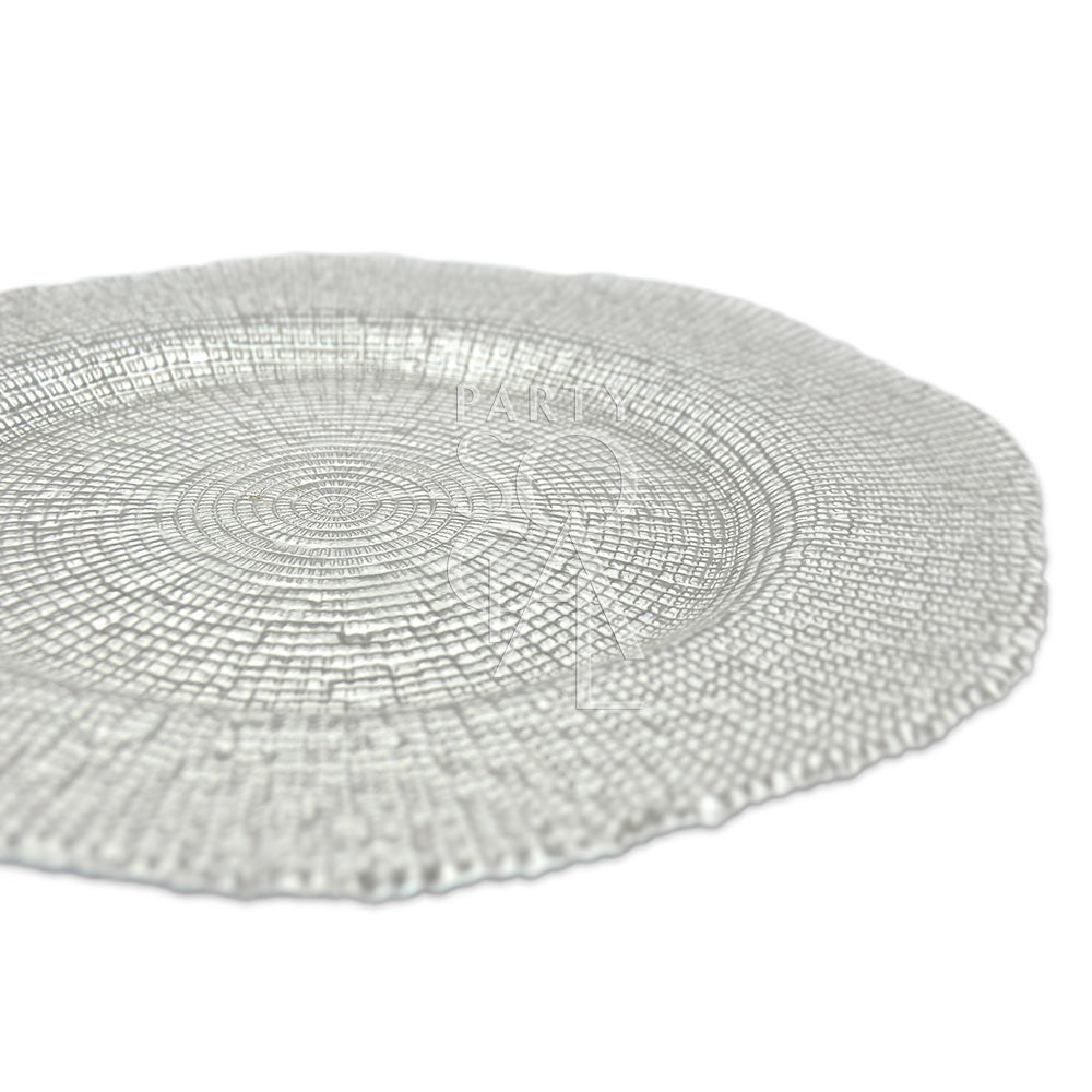 Charger Plate - Silver Grain: A close-up of a patterned silver glass charger plate, ideal for enhancing table settings at special events.