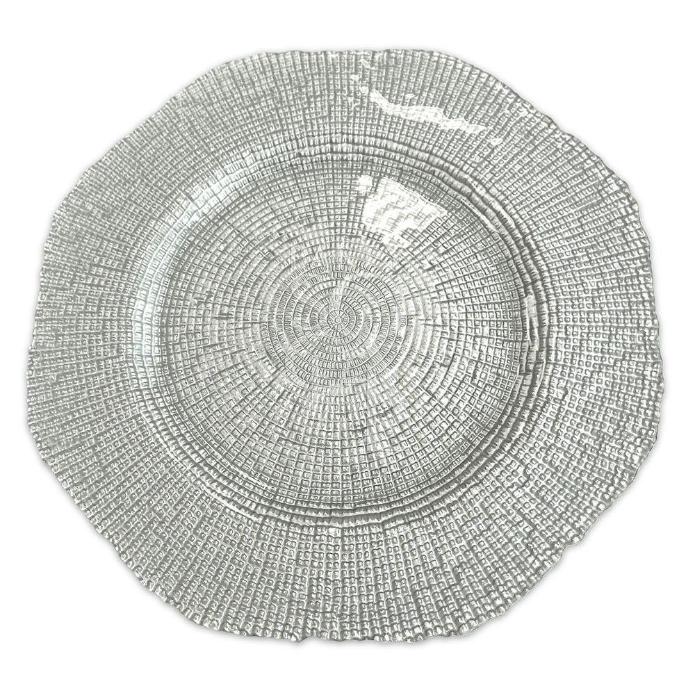 CHARGER PLATE - SILVER GRAIN: A silver plate with a spiral pattern, ideal for enhancing table settings at parties and events. 33cm diameter.