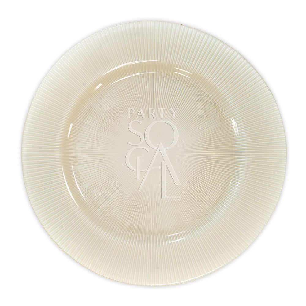 Charger Plate - Lined: A premium white glass charger plate with lined detailing, ideal for enhancing elegant table settings at events or special occasions.