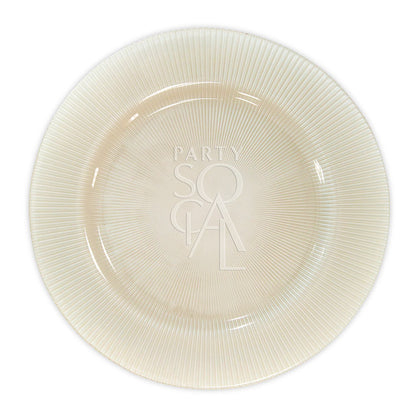 Charger Plate - Lined: A premium white glass charger plate with lined detailing, ideal for enhancing elegant table settings at events or special occasions.