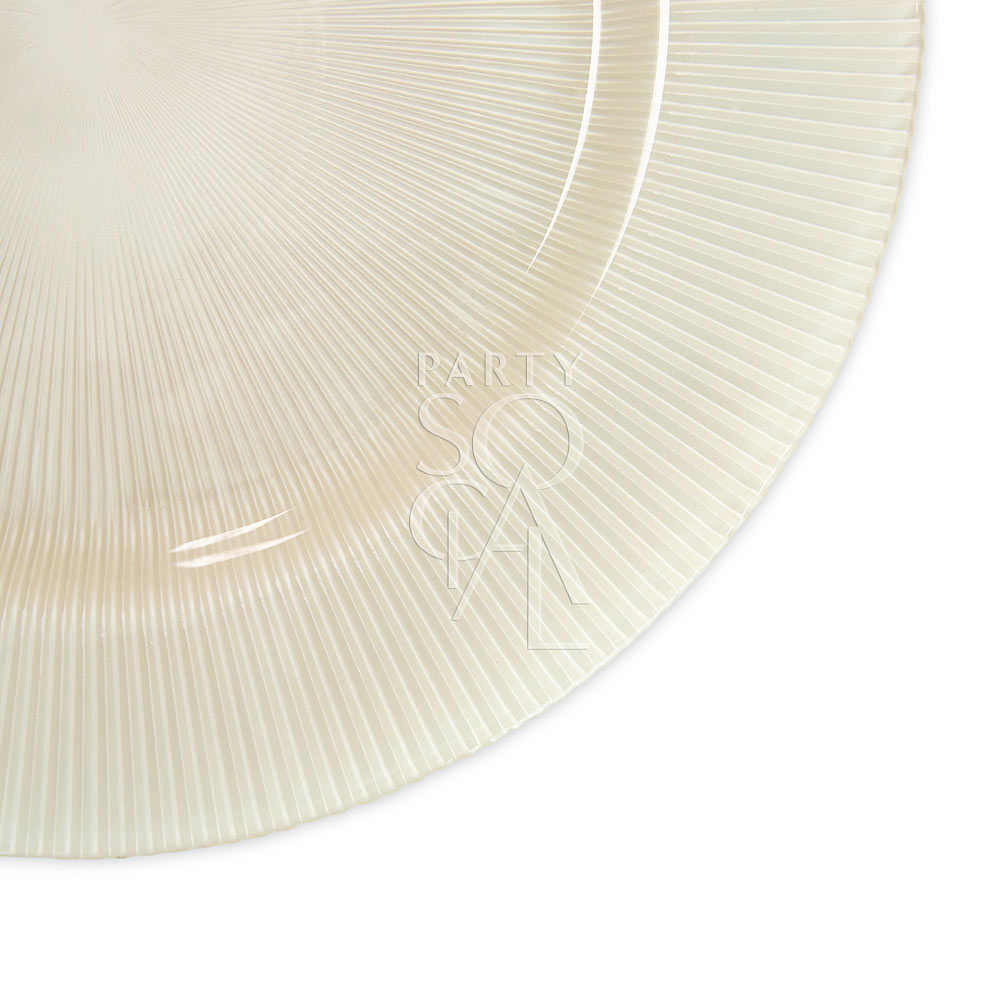 CHARGER PLATE - LINED: Premium white glass charger plate with elegant lines, perfect for enhancing any table setting at weddings, parties, or special occasions.