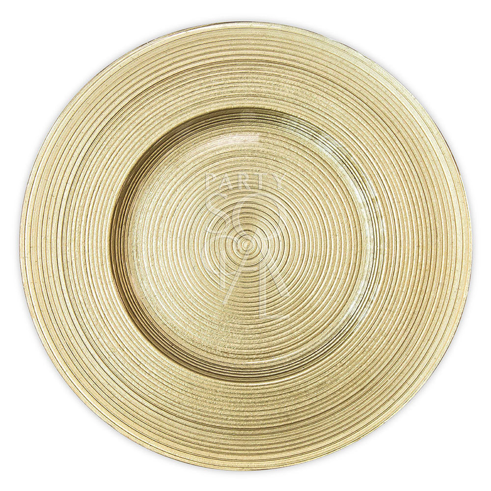 Gold lined glass charger plate, close-up view, showcasing its elegant circular design, ideal for enhancing table settings at parties and special events.