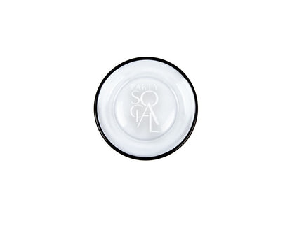 CHARGER PLATE - CLEAR W/ BLACK RIM, a modern, luxury-style plate ideal for upscale table settings, perfect for enhancing party and event decor.