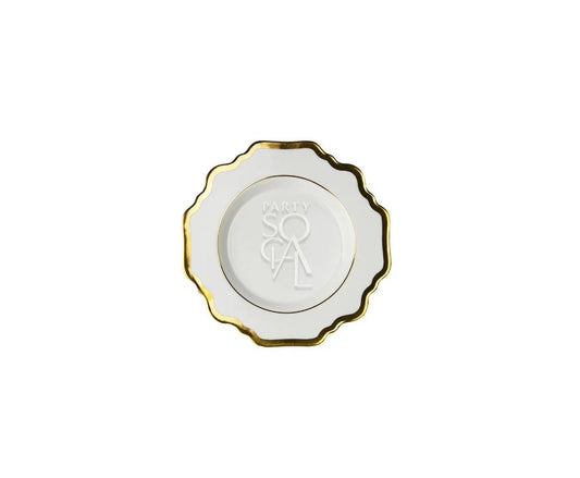 White Lotus Collection charger plate with a scalloped gold-trimmed edge, embossed with PARTY SOCIAL, ideal for upscale dining and special occasions.
