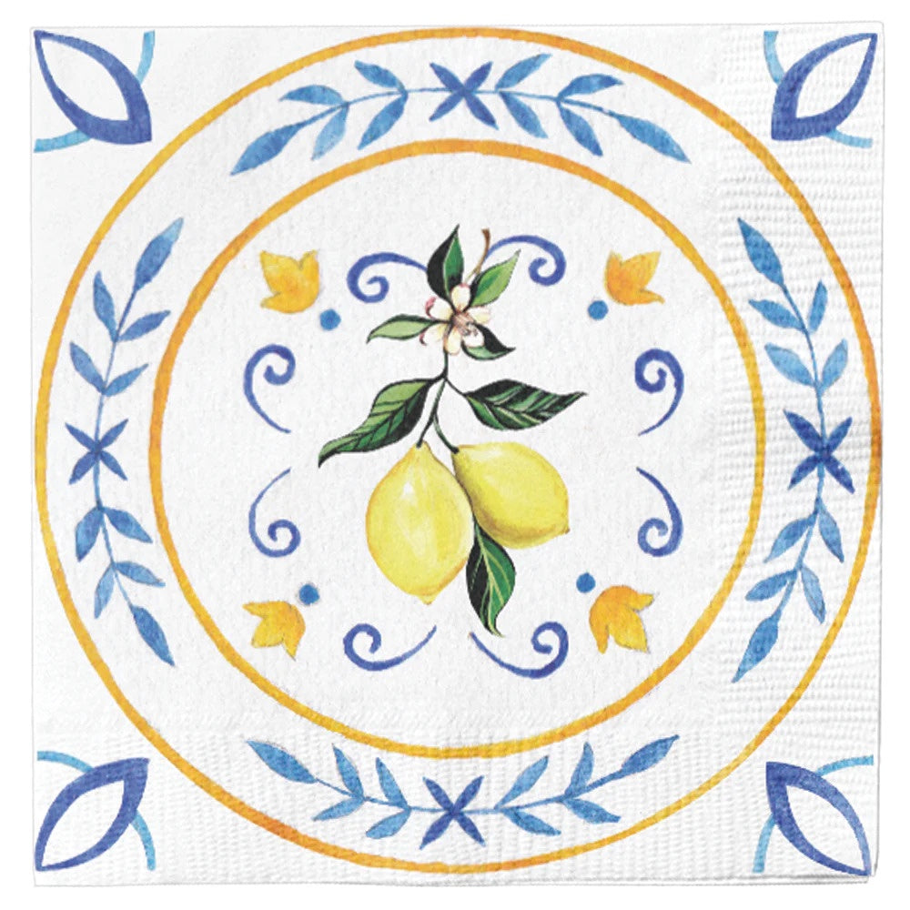 Capri Coast paper cocktail napkin featuring a lemon and leaf painting. Elevate your party with elegance. Matches our paper tableware collection.