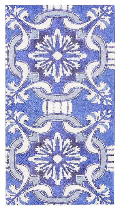 Moroccan Nights paper guest towel napkins featuring a blue and white tile pattern, embodying elegance for any party. Coordinates with our tableware collection. From Party Social, your go-to for event essentials.