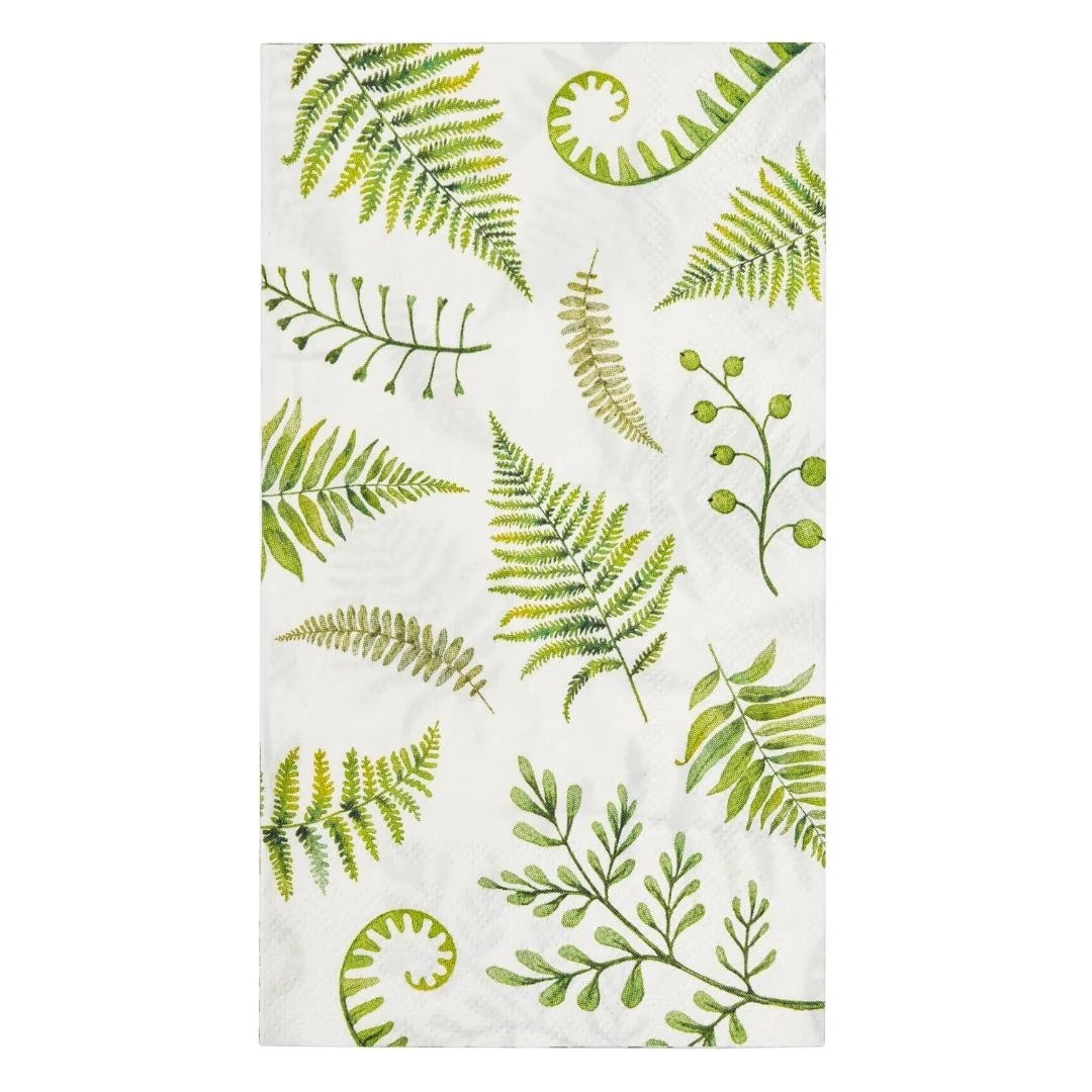 Fern &amp; Foliage Paper Guest Towel Napkins featuring leafy designs, ideal for parties. Elevate your table setting with elegance. Matches our paper tableware collection.